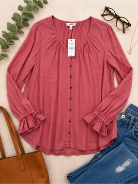 Sonoma Dusty Rose Textured Button Front Blouse Medium NWT Boho Peasant Top